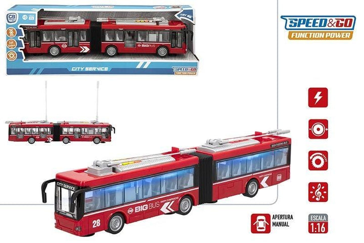 Red Teorema Play City articulated bus in its packaging and shown from several angles