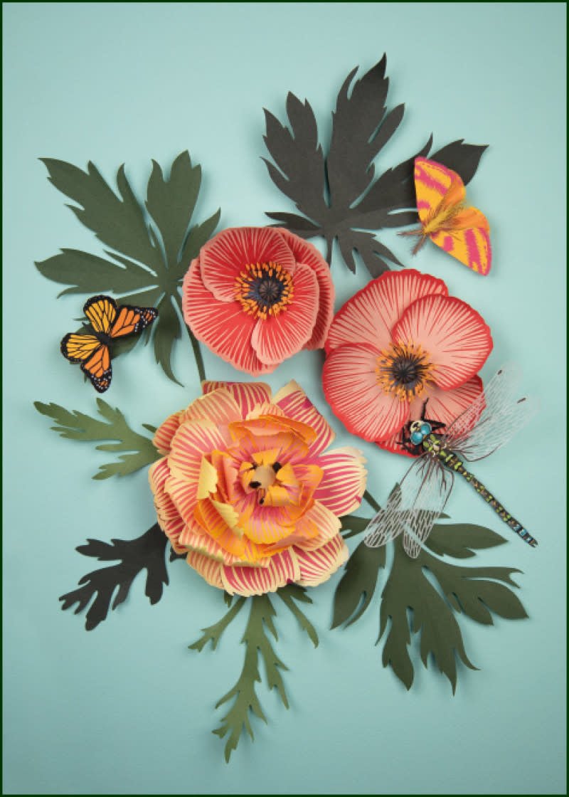 Pink and orange flowers with butterflies stand against a blue-green background.