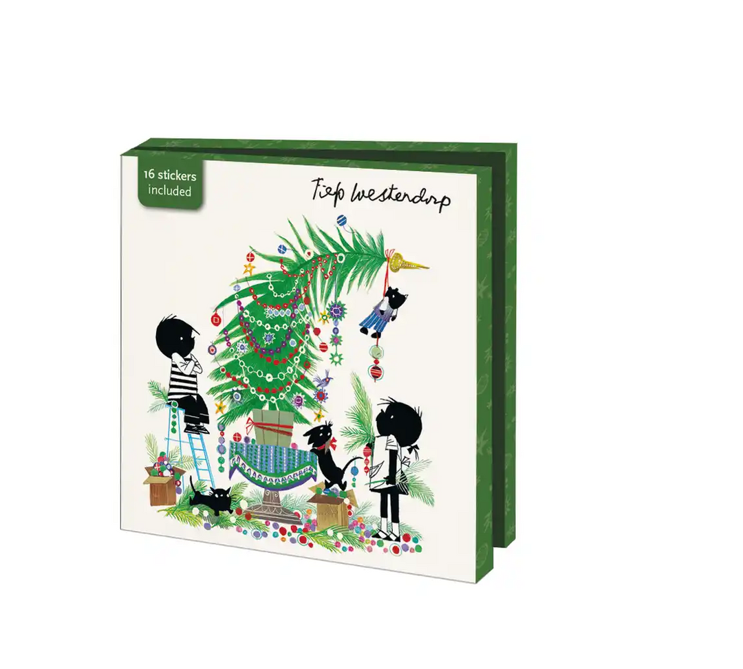 A green card wallet shows Jip and Janneke beside a decorated Christmas tree.