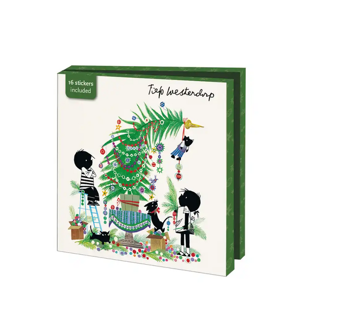 A green card wallet shows Jip and Janneke beside a decorated Christmas tree.