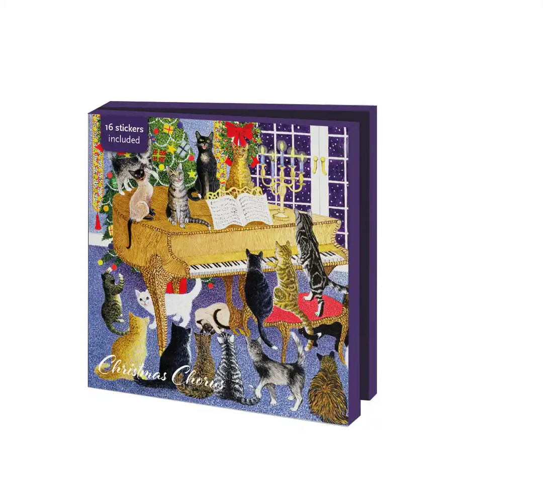 Une pochette violette présente des chats autour d’un piano dans une pièce festive.