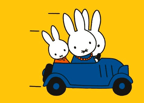 Miffy and another rabbit ride in a blue car on a yellow background.