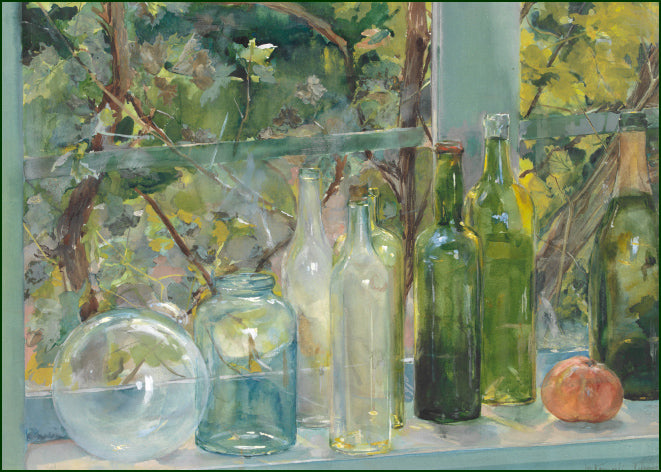Bottles, a glass sphere and an apple stand on a pale windowsill.