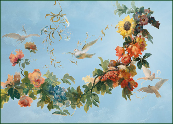 Vogels vliegen rond een boog van bloemen en bladeren op lichtblauw.