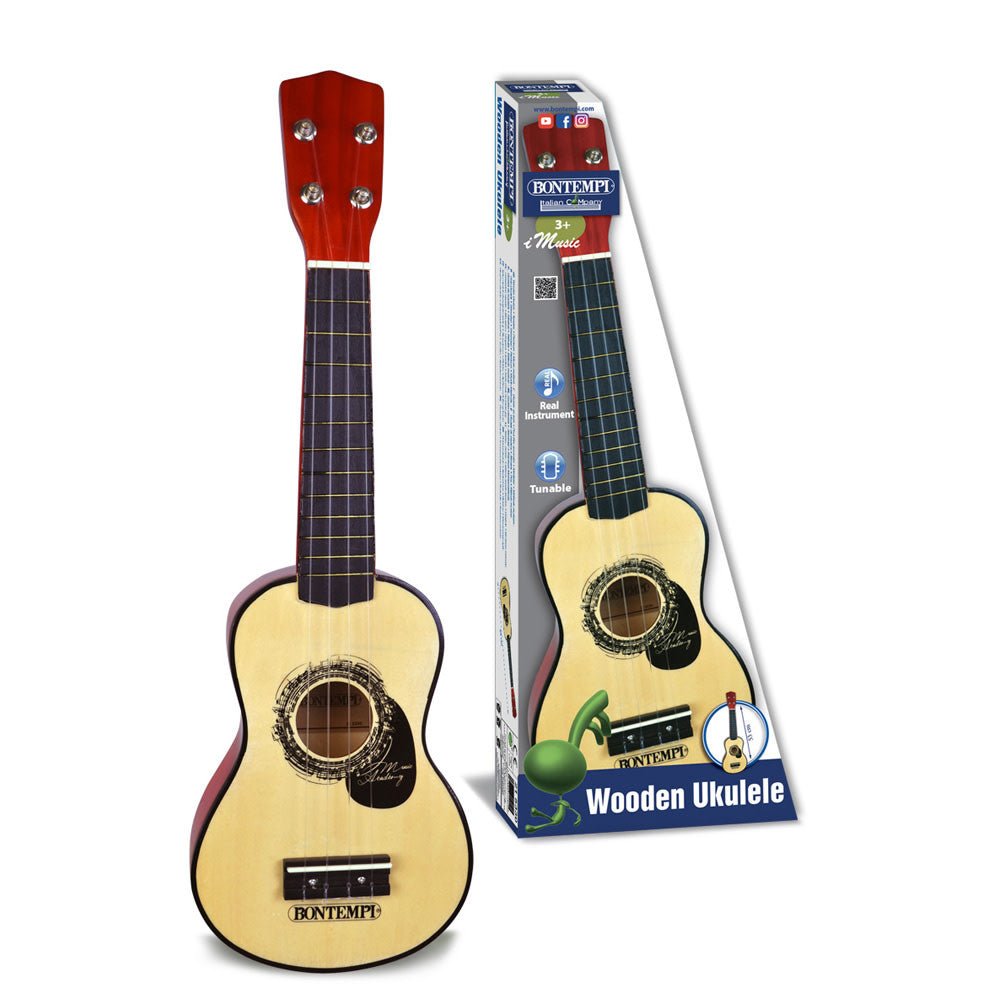 Bontempi | Houten Ukelele | Realistic Sound | 4 snaren | Stembaar | 52,5 cm | 3+ - Kleine Eland