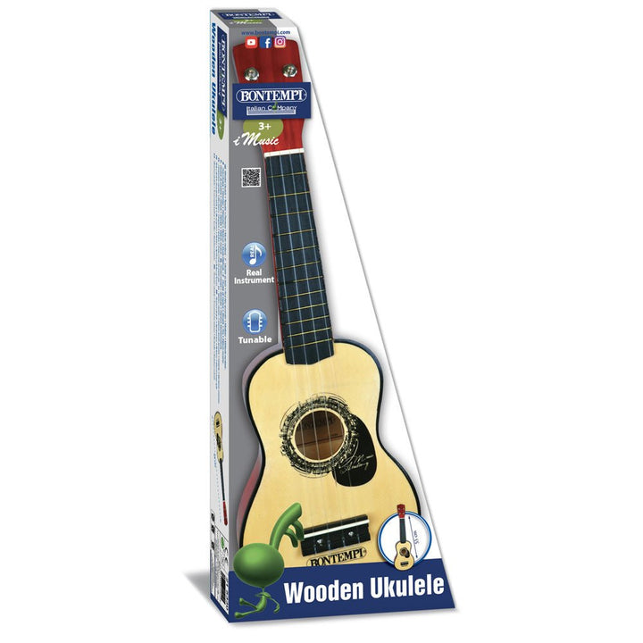Bontempi | Houten Ukelele | Realistic Sound | 4 snaren | Stembaar | 52,5 cm | 3+ - Kleine Eland