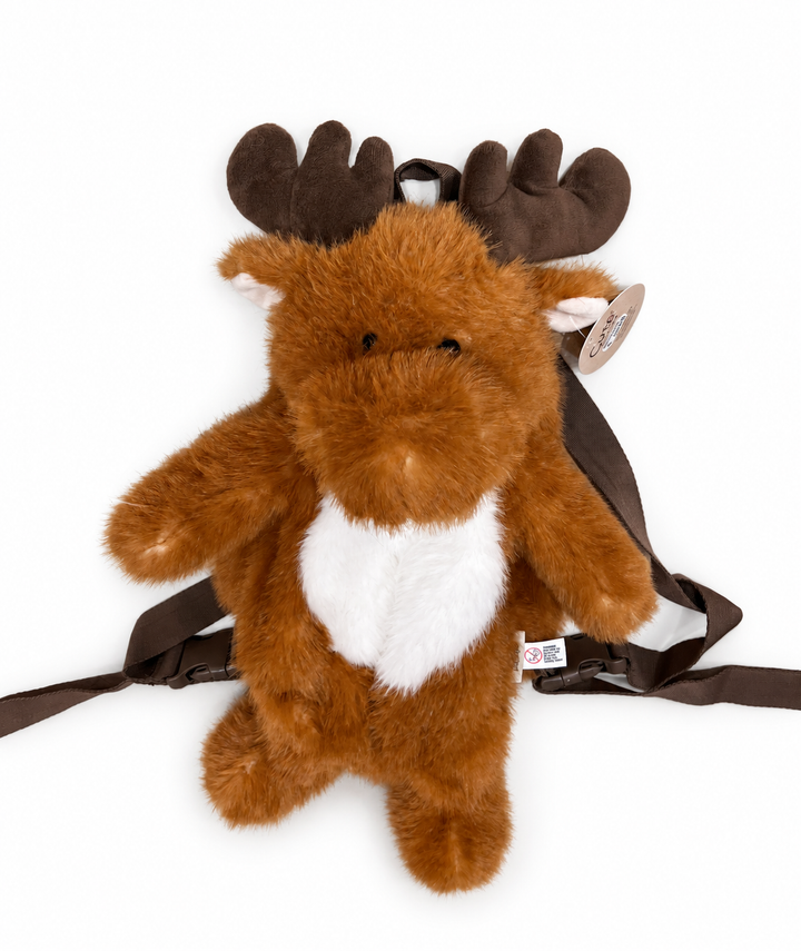 Front view of the Cute by Felix plush reindeer backpack on a white background