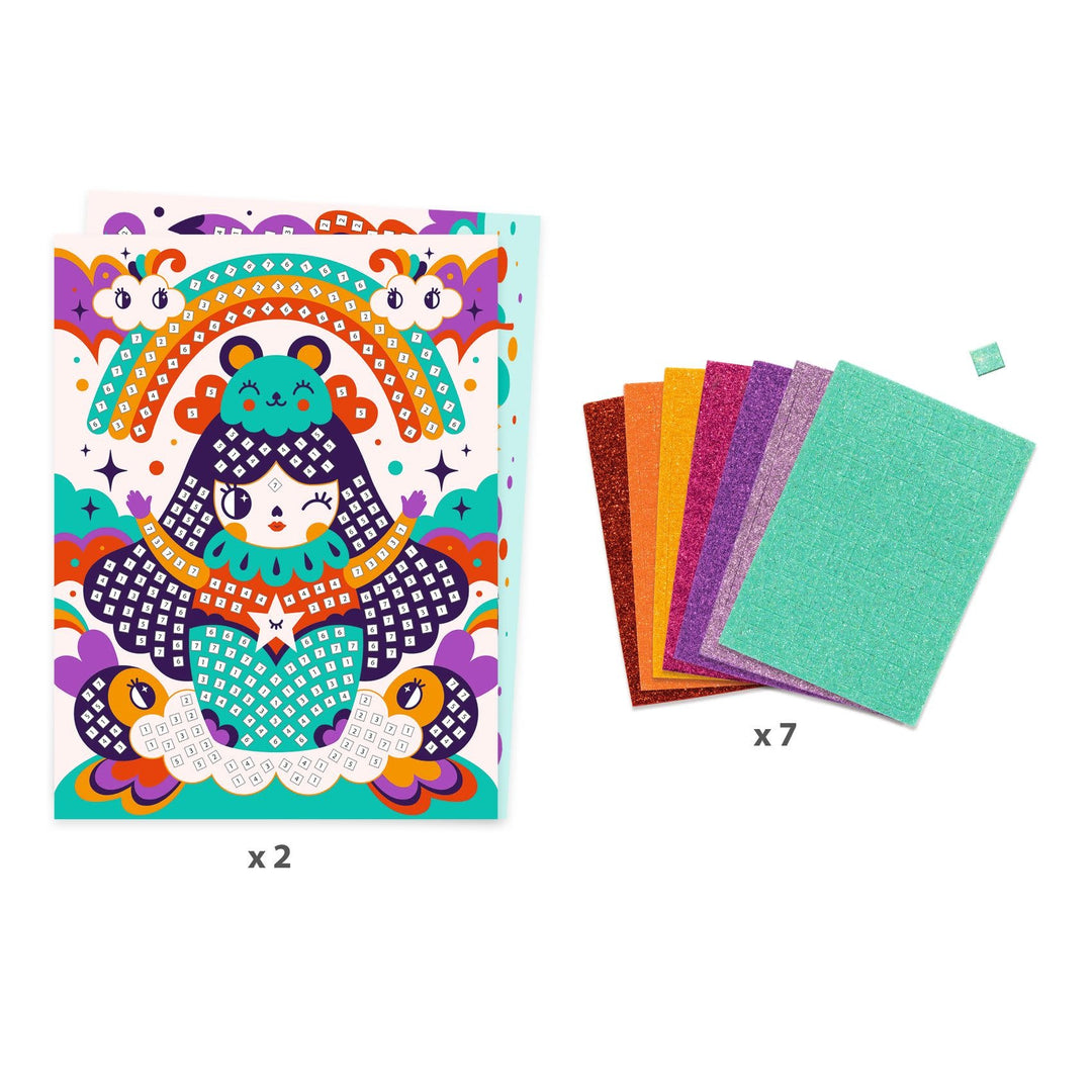 Djeco | Mozaïek | Kunst op Nummer | Glitter| Kokeshi | 5 - 8 jaar