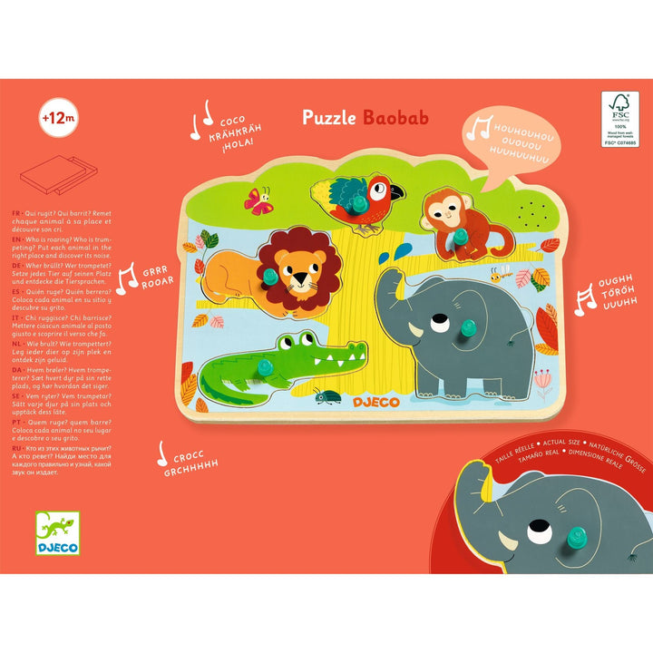 Djeco | Houten Puzzel met Geluid | Wooden Sound Puzzle | Baobab | 1+ - Kleine Eland