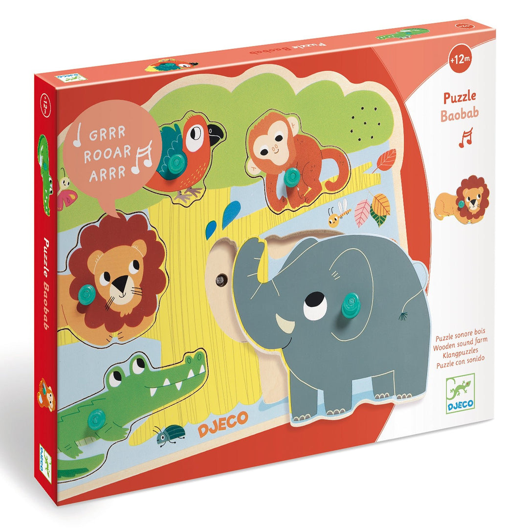 Djeco | Houten Puzzel met Geluid | Wooden Sound Puzzle | Baobab | 1+ - Kleine Eland