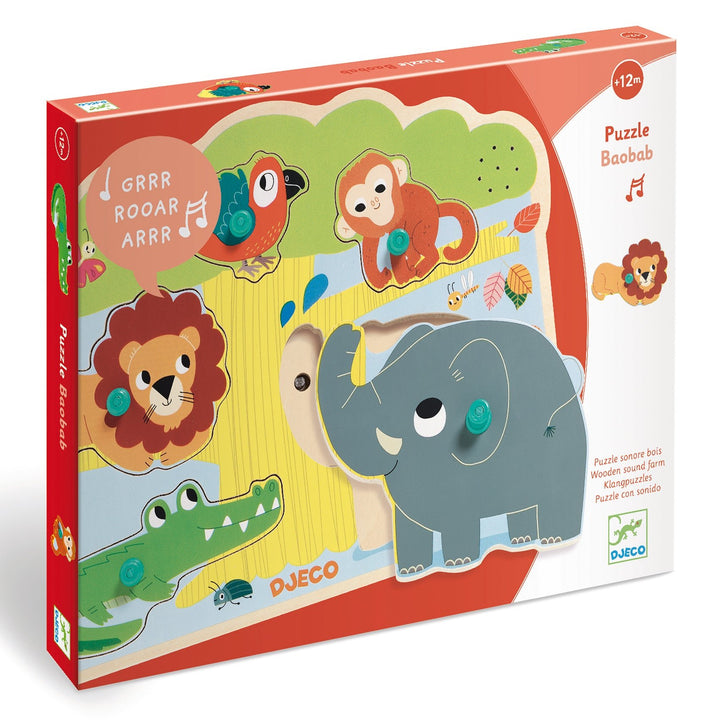 Djeco | Houten Puzzel met Geluid | Wooden Sound Puzzle | Baobab | 1+ - Kleine Eland