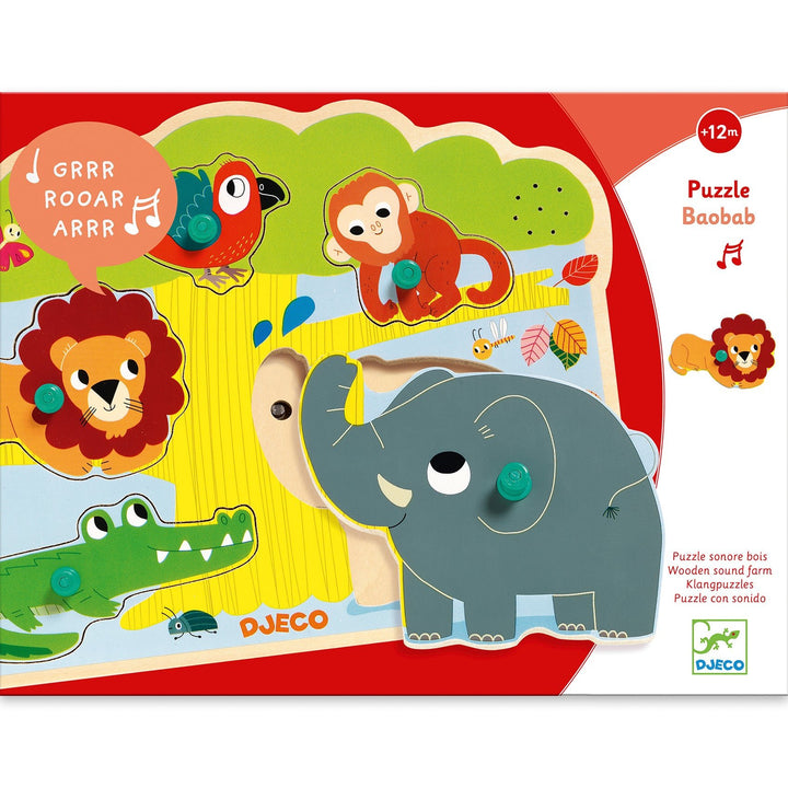 Djeco | Houten Puzzel met Geluid | Wooden Sound Puzzle | Baobab | 1+ - Kleine Eland
