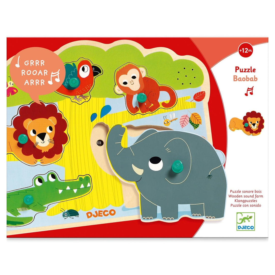Djeco | Houten Puzzel met Geluid | Wooden Sound Puzzle | Baobab | 1+ - Kleine Eland