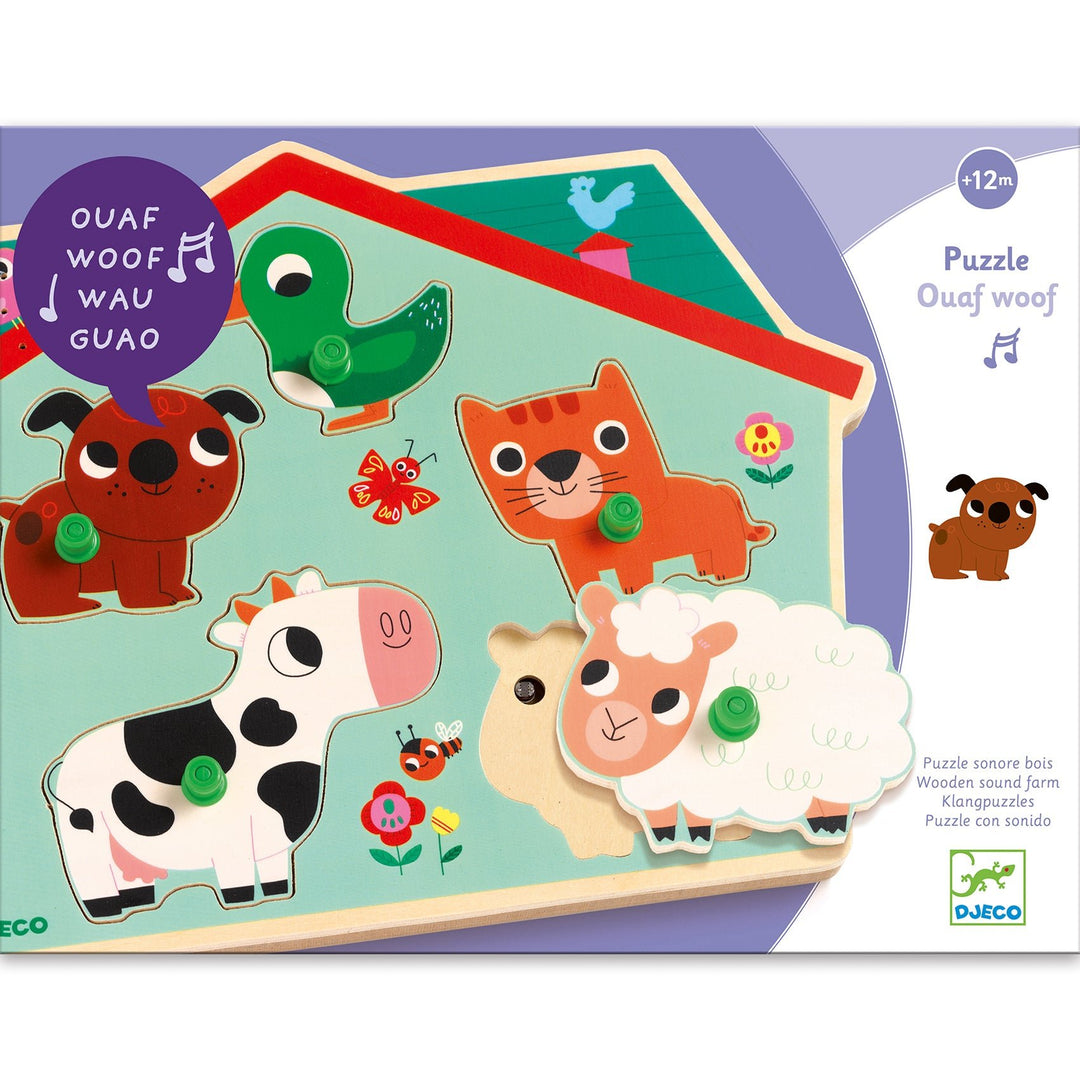 Djeco | Houten Puzzel met Geluid | Wooden Sound Puzzle | Ouaf Woof | 1+ - Kleine Eland