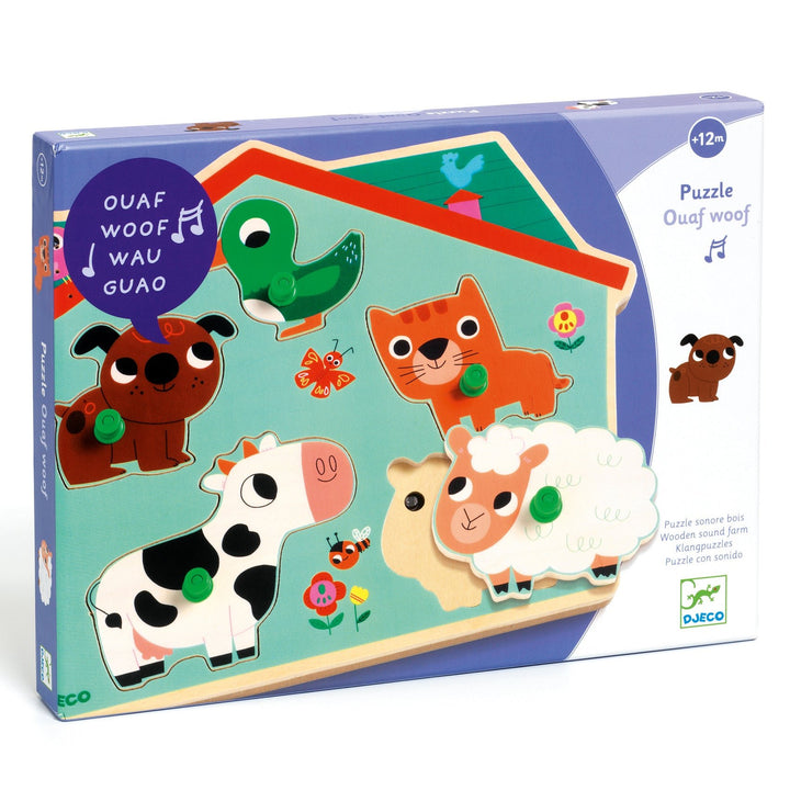 Djeco | Houten Puzzel met Geluid | Wooden Sound Puzzle | Ouaf Woof | 1+ - Kleine Eland