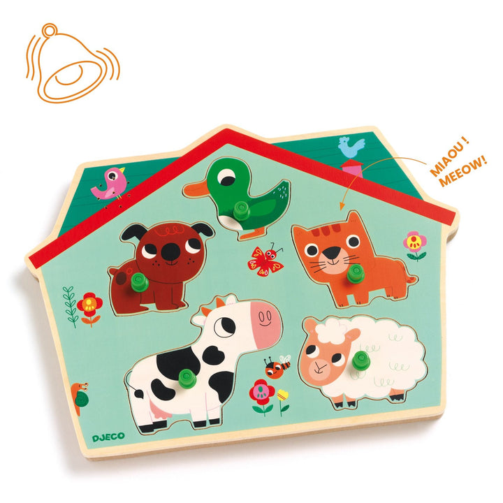 Djeco | Houten Puzzel met Geluid | Wooden Sound Puzzle | Ouaf Woof | 1+ - Kleine Eland