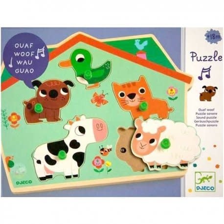 Djeco | Houten Puzzel met Geluid | Wooden Sound Puzzle | Ouaf Woof | 1+ - Kleine Eland