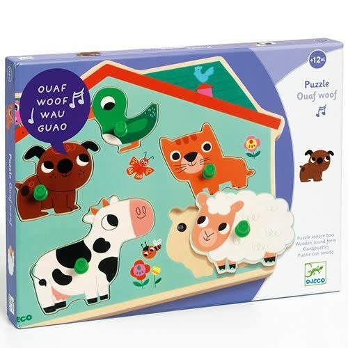 Djeco | Houten Puzzel met Geluid | Wooden Sound Puzzle | Ouaf Woof | 1+ - Kleine Eland