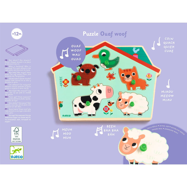 Djeco | Houten Puzzel met Geluid | Wooden Sound Puzzle | Ouaf Woof | 1+ - Kleine Eland