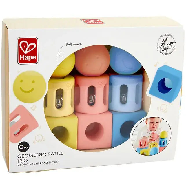 Hape | Made from Rise Based Materials | Geometric Rattles Trio | 9 pieces| 0+