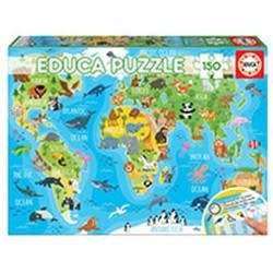 Educa | Puzzle | Wereldkaart met Dieren | 48 x 34 cm | 150 stukjes | 6+ - Kleine Eland