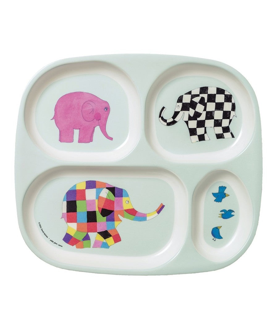 Elmer-vakjesbord met vier vakken, roze olifant, geruite olifant en blauwe vogels