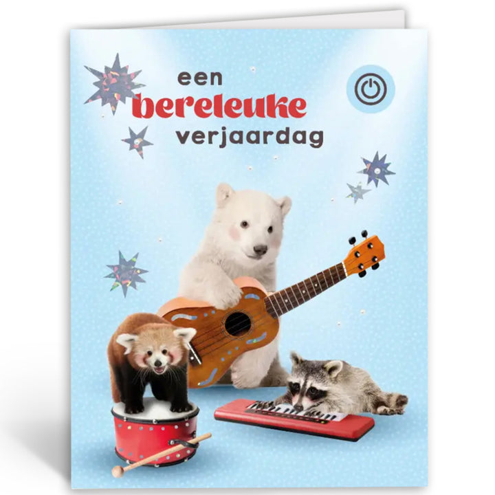Vorderseite der Musikkarte ‘Een bereleuke verjaardag’ mit drei musizierenden Tieren