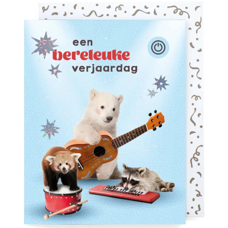Musikkarte ‘Een bereleuke verjaardag’ mit drei musizierenden Tieren und festlichem Umschlag