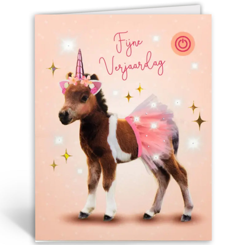 Vorderseite der Musikkarte ‘Fijne verjaardag’ mit einem Pony mit Einhorn und Flügeln