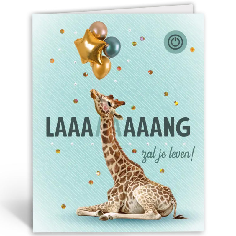 Vorderseite der Musikkarte ‘Laaaaaaaaang zal je leven!’ mit einer Giraffe und Luftballons