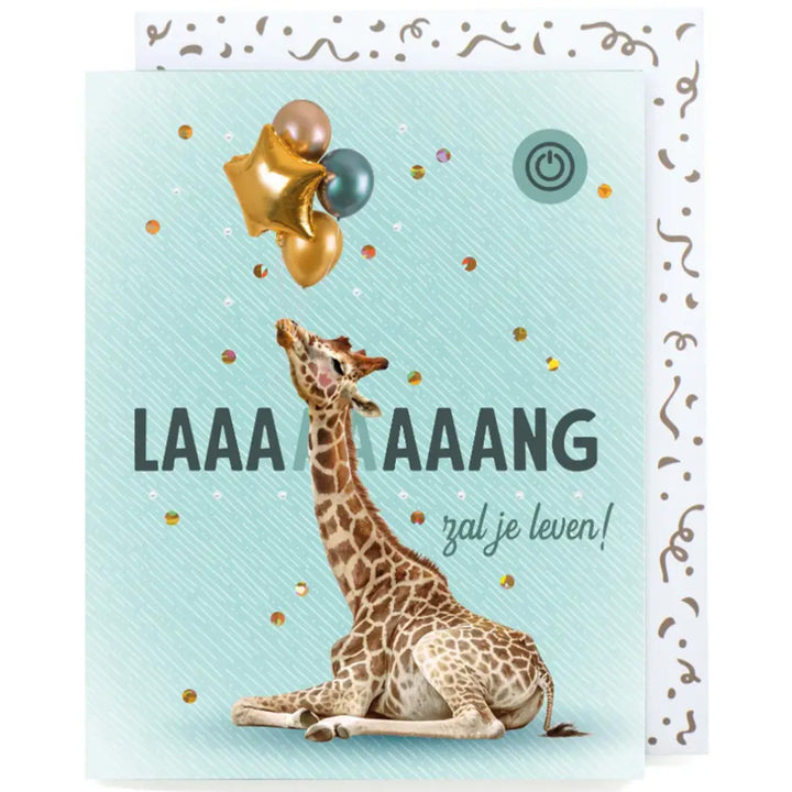 Musikkarte ‘Laaaaaaaaang zal je leven!’ mit einer Giraffe und Luftballons und festlichem Umschlag