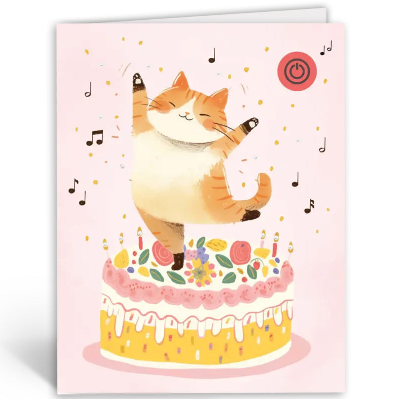 Vorderseite einer Musikkarte ohne Aufdruck mit einer tanzenden Katze auf einer Geburtstagstorte
