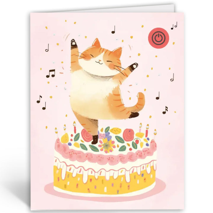Vorderseite einer Musikkarte ohne Aufdruck mit einer tanzenden Katze auf einer Geburtstagstorte