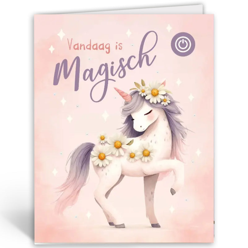 Voorkant van muziekkaart ‘Vandaag is magisch’ met een witte eenhoorn en bloemen