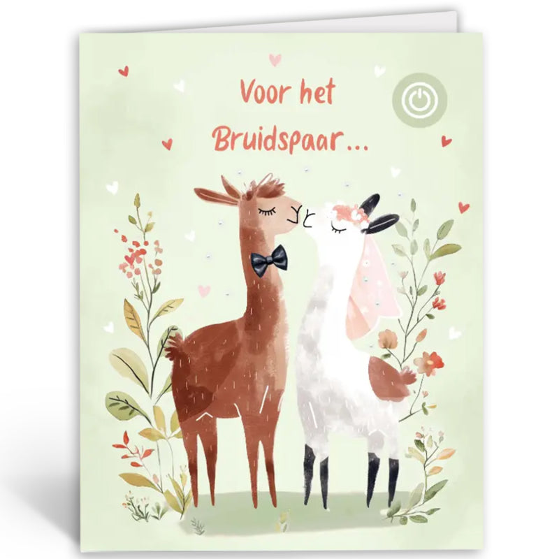 Voorkant van muziekkaart ‘Voor het bruidspaar…’ met twee trouwende lama’s