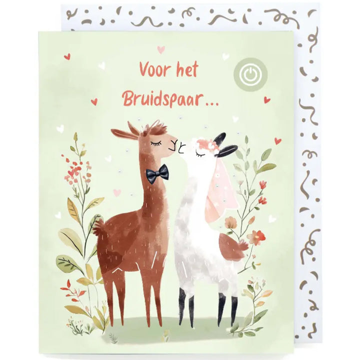 Muziekkaart ‘Voor het bruidspaar…’ met twee trouwende lama’s en feestelijke enveloppe