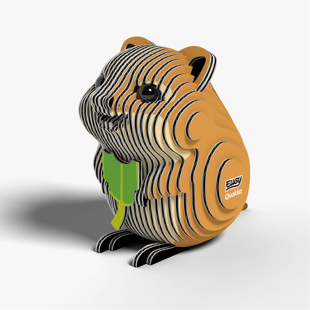 Eugy quokka 3D model met groen blaadje in de pootjes