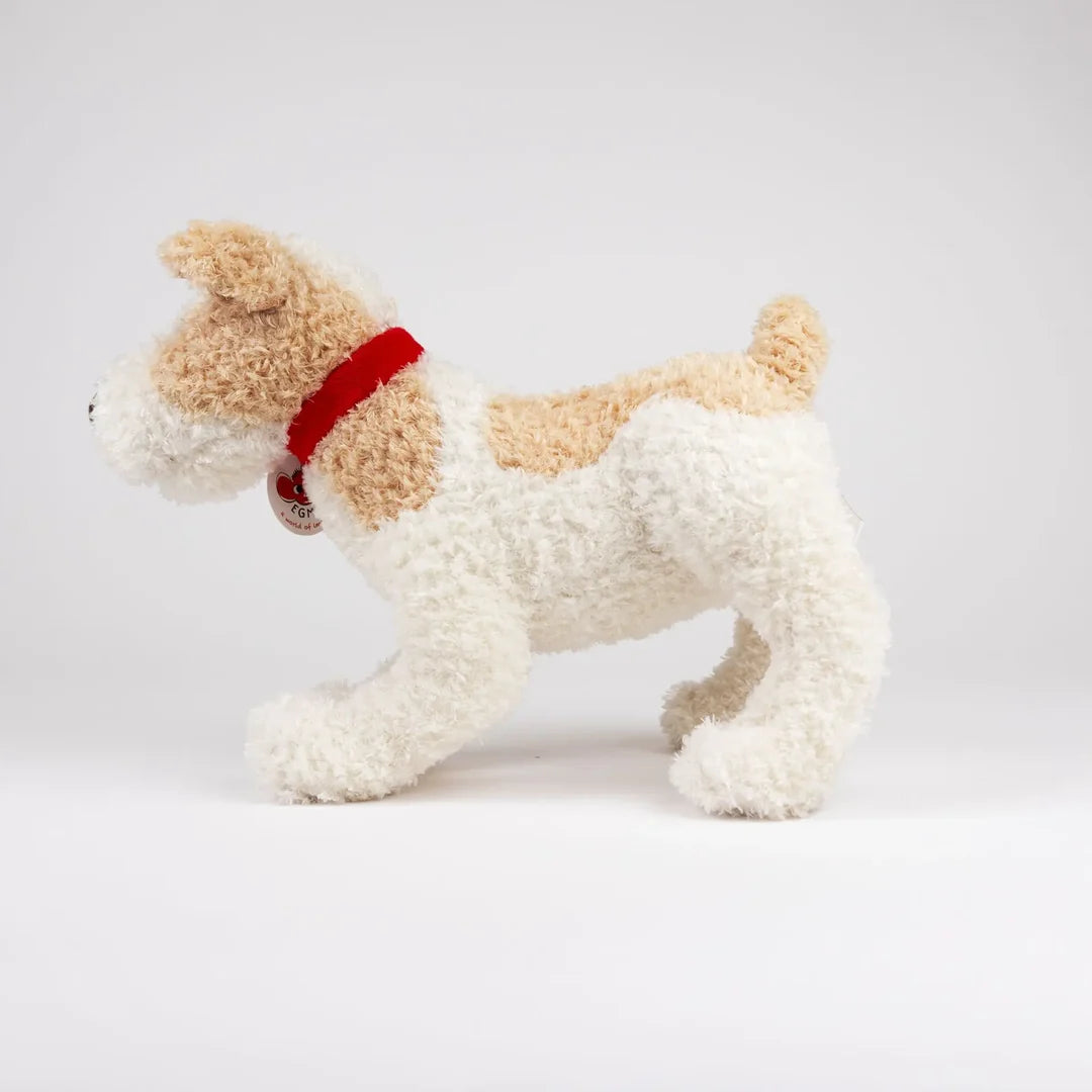 Eliot, der Plüsch-Jack-Russell, von der anderen Seite mit rotem Halsband