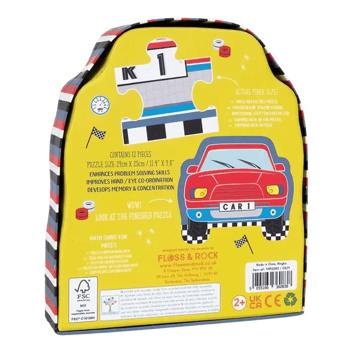 Floss &amp; Rock | Jigsaw Puzzle in Shaped Box | 12 delig | Cars | 2+ - Kleine Eland