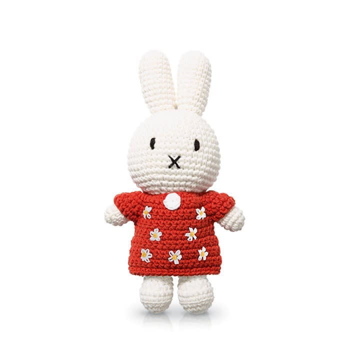 Gehaakte Knuffel | Miffy/Nijntje | Red Flower Dress | 25 cm | 100 % Cotton | 0+ - Kleine Eland