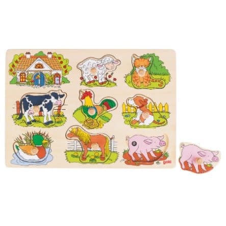 Goki | Houten Knoppuzzel met geluid | Inclusief 2 x AAA Batterijen | Boerderij | 30 x 20.5 x 3 cm | 1+ - Kleine Eland
