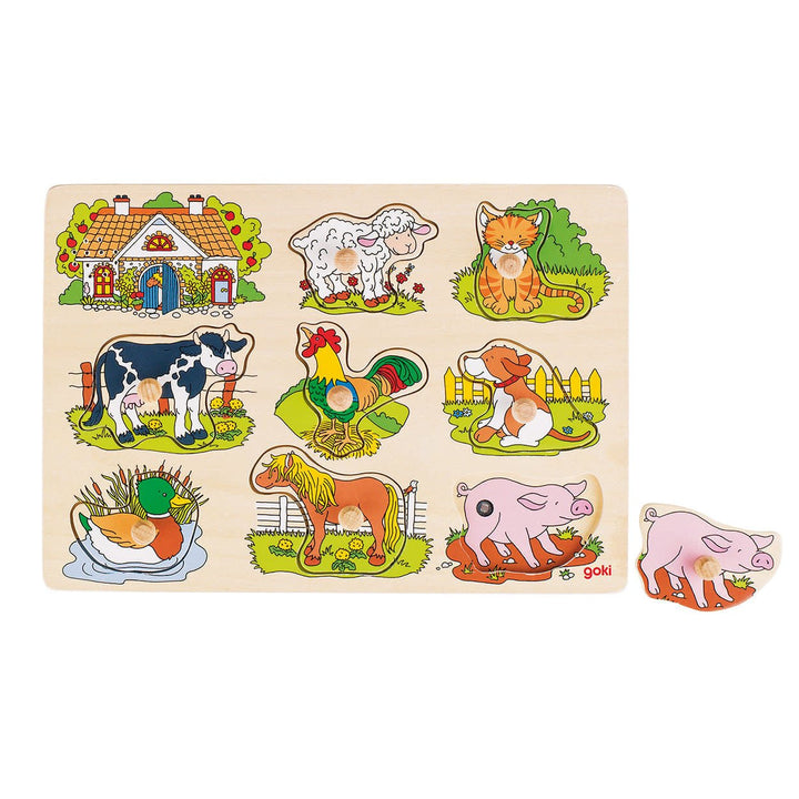 Goki | Houten Knoppuzzel met geluid | Inclusief 2 x AAA Batterijen | Boerderij | 30 x 20.5 x 3 cm | 1+ - Kleine Eland