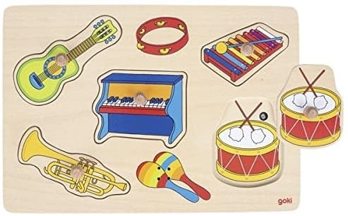 Goki | Houten Knoppuzzel met geluid | Inclusief 2 x AAA Batterijen | Muziekinstrumenten | 30 x 20.5 x 3 cm | 1+ - Kleine Eland