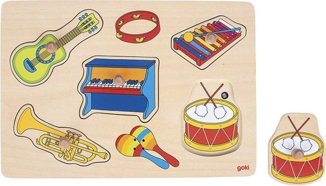 Goki | Houten Knoppuzzel met geluid | Inclusief 2 x AAA Batterijen | Muziekinstrumenten | 30 x 20.5 x 3 cm | 1+ - Kleine Eland