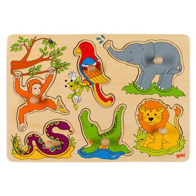 Goki | Houten Knoppuzzel met geluid | Inclusief 2 x AAA Batterijen | Wilde Wieren | 30 x 20.5 x 3 cm | 1+ - Kleine Eland