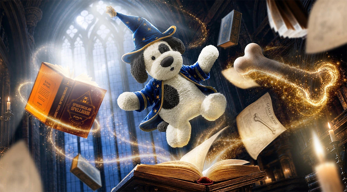 Jellycat-hond met een blauwe tovenaarshoed en sterrenjas, tussen zwevende boeken en een bot in een magische bibliotheek