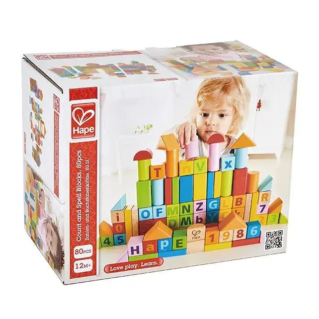 Hape | Houten Blokken | Count and Spell Blocks | 80 delig | 1+ - Kleine Eland