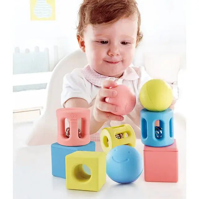 Hape | Made from Rise Based Materials | Geometric Rattles Trio | 9 pieces| 0+ - Kleine Eland