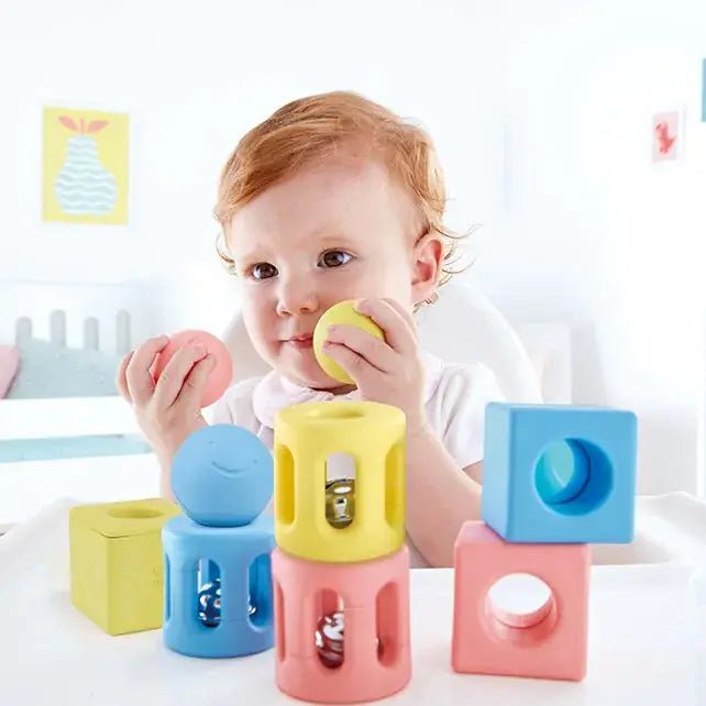 Hape | Made from Rise Based Materials | Geometric Rattles Trio | 9 pieces| 0+ - Kleine Eland
