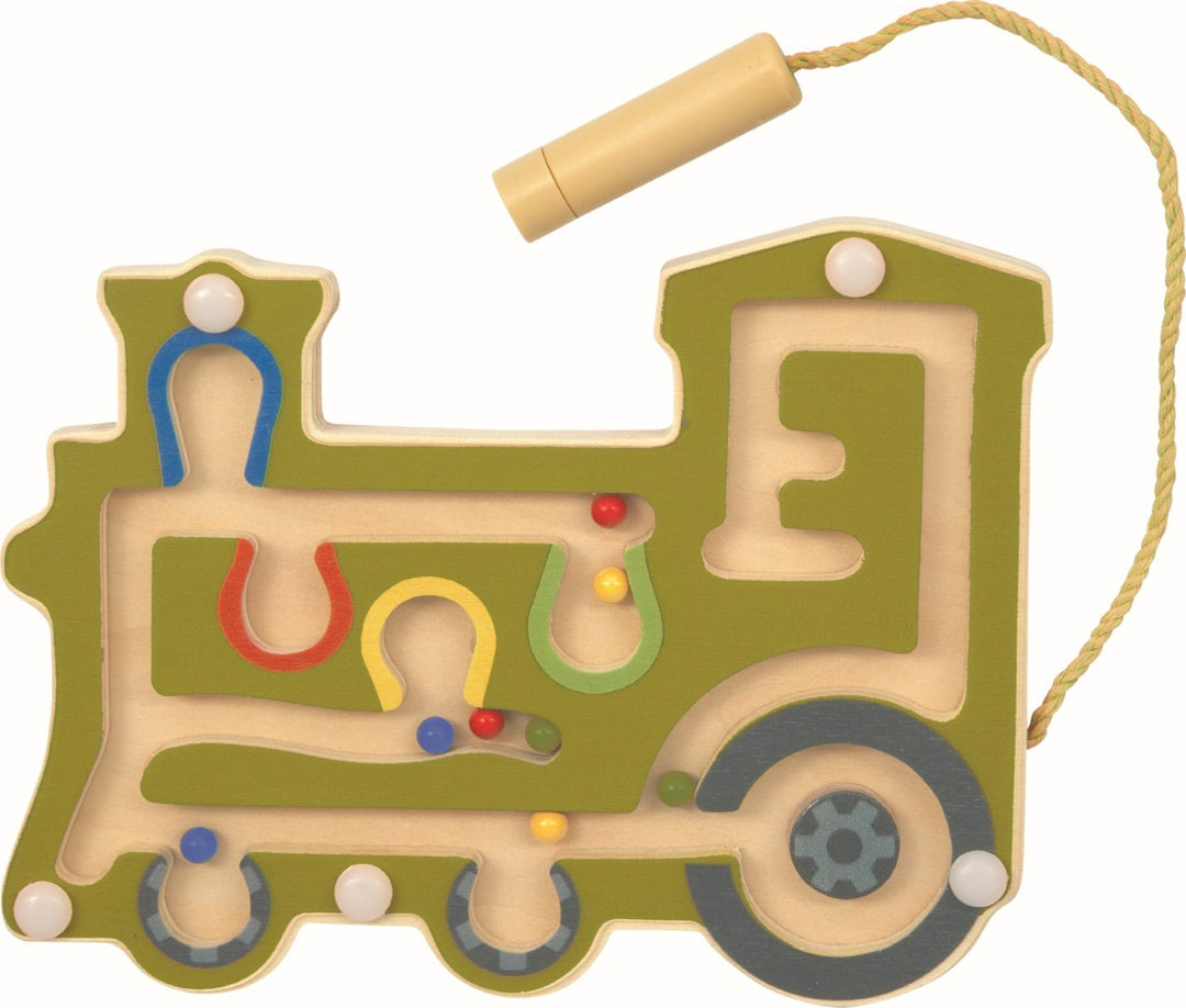 Houten magnetisch labyrint in treinvorm met magnetische pen